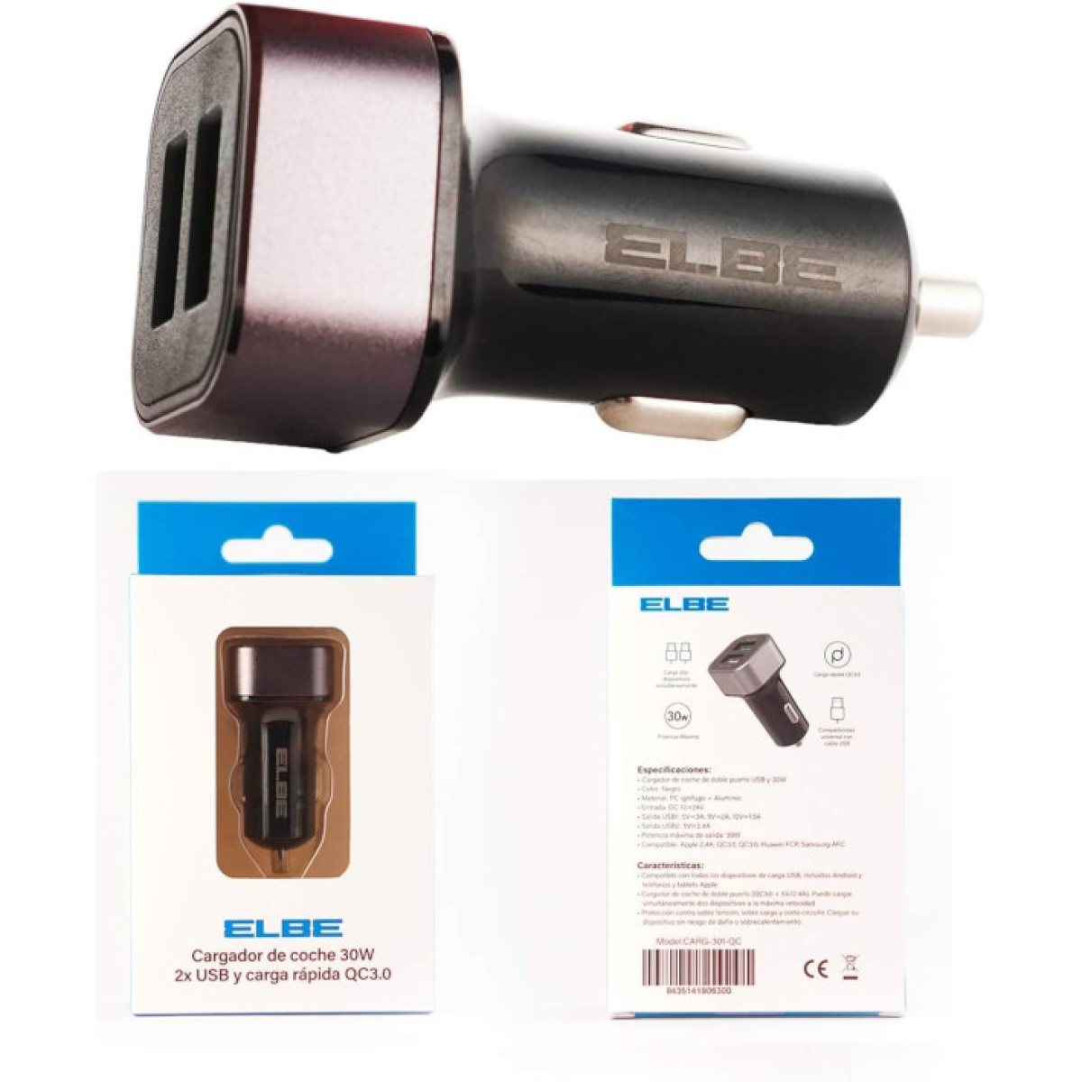  cargador usb coche doble puerto y carga rápida elb tecnología elbe